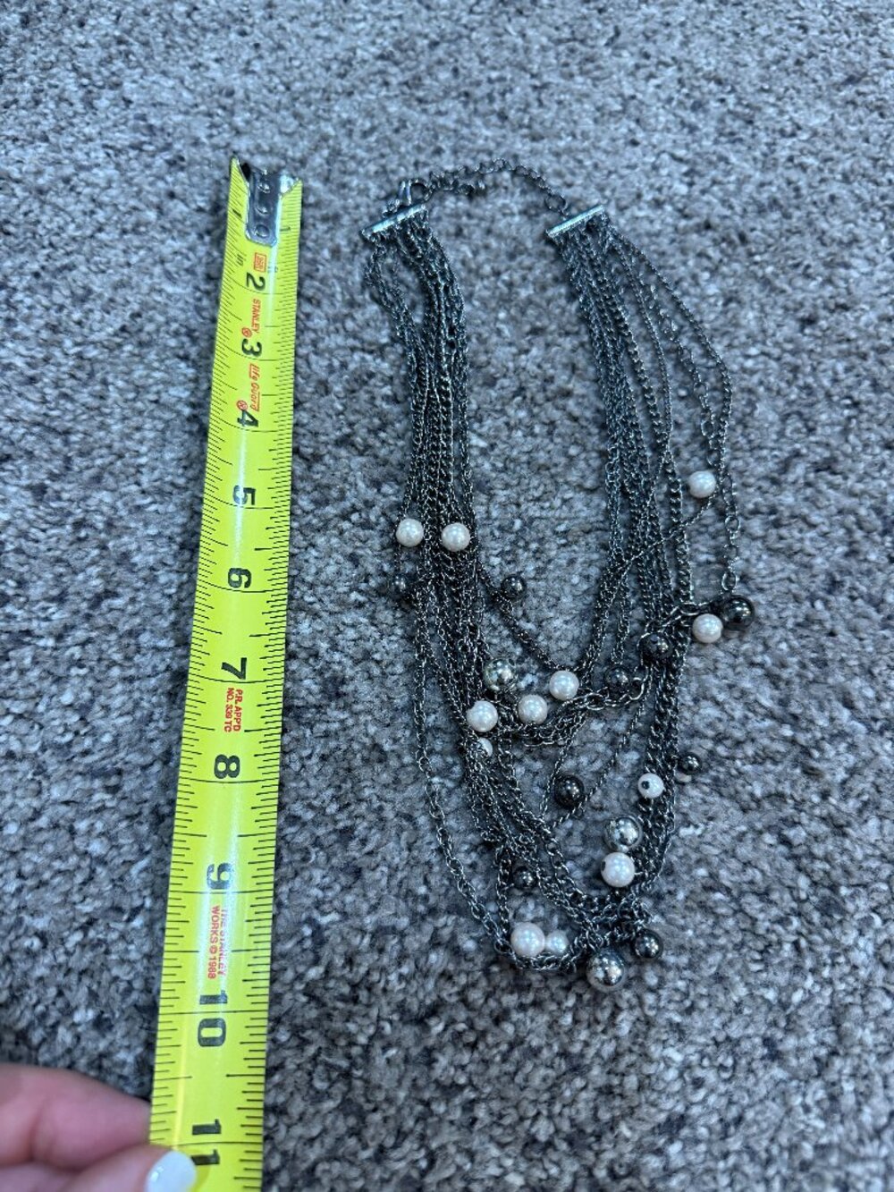 Gunmetal Chain White Faux Pearl Multi-Strand Necklace 10" Statement